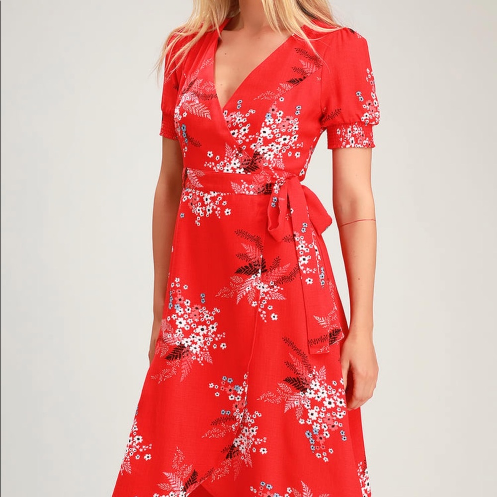 Lulus All the Sweetness Red Floral Print Puff Sleeve Midi Wrap Dress